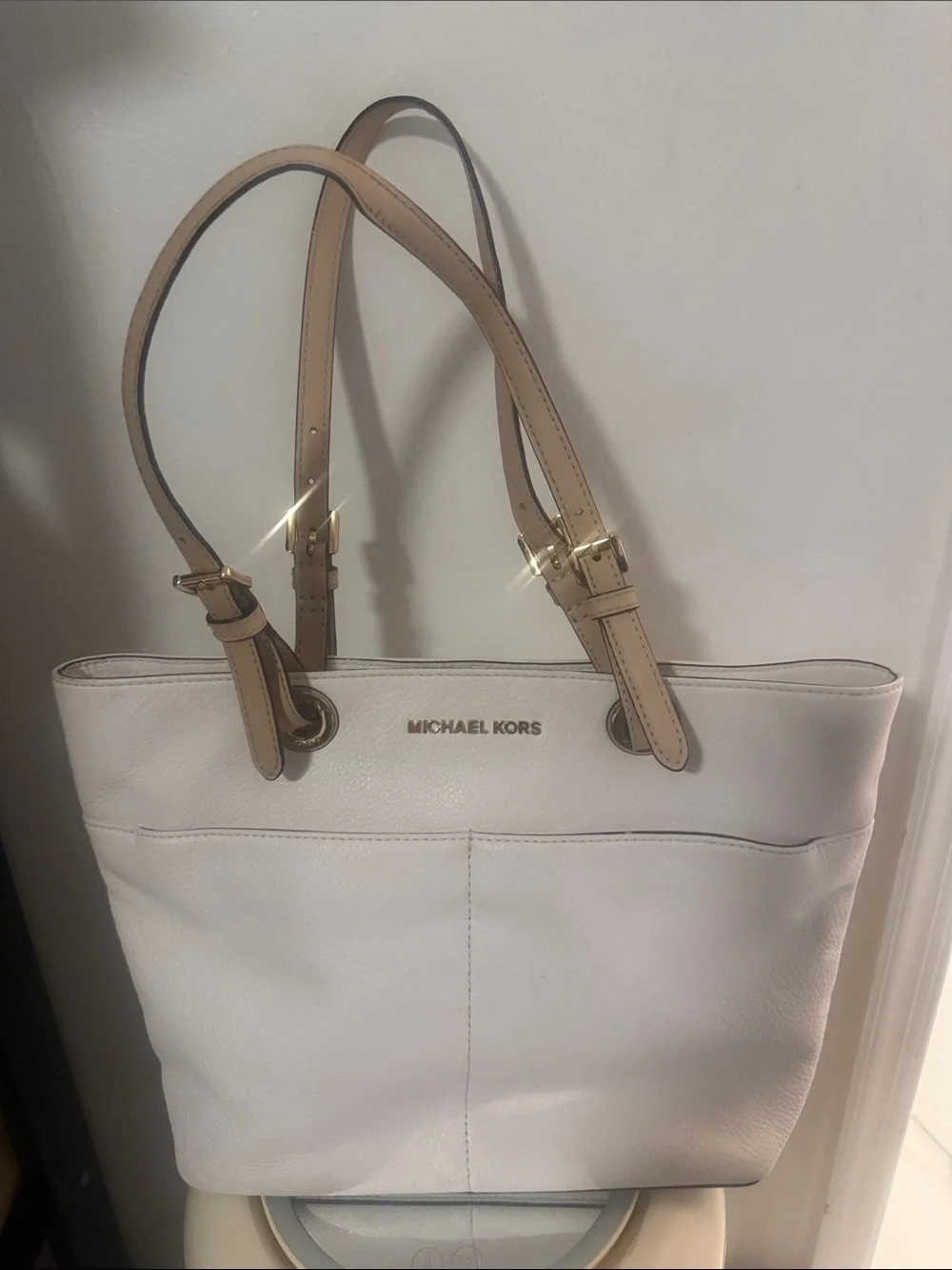 Michael Kors White Leather Tote with Tan Shoulder Straps